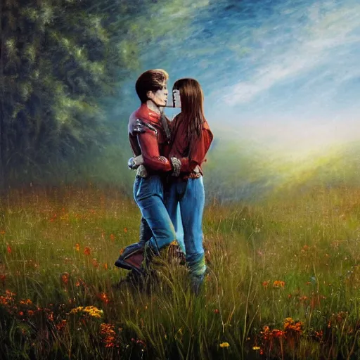 Image similar to david bowie and trent reznor are in a beautiful meadow in love and happy. gay male couple. from the television show merlin ( 2 0 0 8 ). ; high - detailed oil painting by igor sychev and mark keathley trending on artstation, masterpiece, 4 k