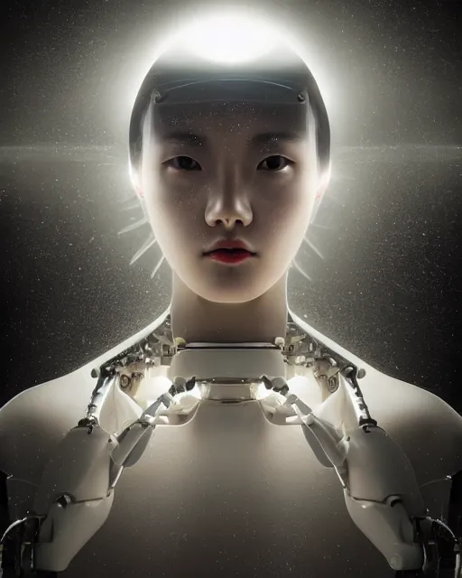 Image similar to beautiful centered fine art photo portrait of hoyeon jung as a solarpunk robotic humanoid, white mechanical parts with bright halogen lights, treading above water, ultra - realistic and detailed, white background, natural lighting, soft focus, slow exposure hdr 8 k