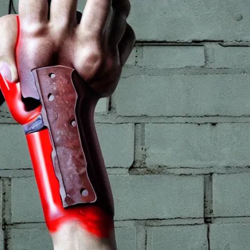 Image similar to human with a shotgun as a prosthetic hand
