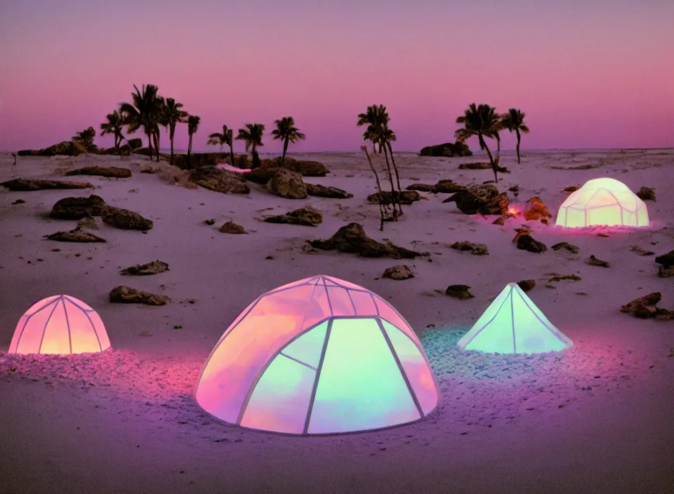 Prompt: a vintage family holiday photo of an empty beach from an alien dreamstate world with chalky pink iridescent!! sand, reflective lavender ocean water, dim bioluminescent plant life and an igloo shaped plastic transparent bell tent surrounded by holiday clutter opposite a pit with an iridescent blue flame flickering. refraction, volumetric, light.