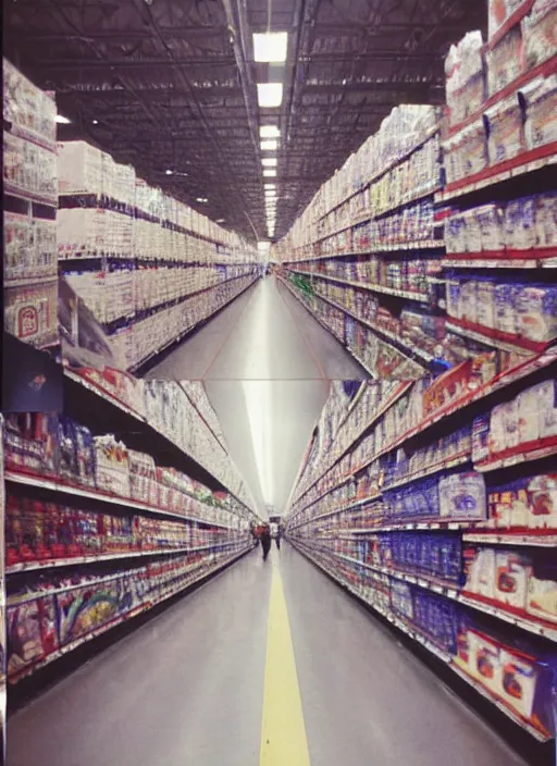 Image similar to first person view. walking through a costco in 1 9 9 7. blurry polaroid