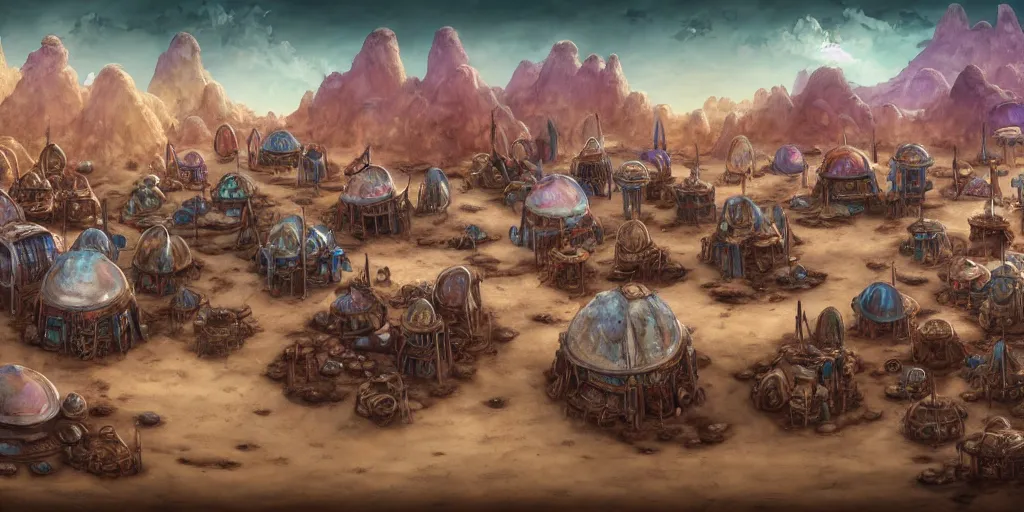 Image similar to colored merchant tents at a sprawling temple city of rusty chrome, white salt desert dunes, matte oil painting, mushroom farms, fungal polyps, retrofuturistic, science fantasy, mutant, lgbt, queer, rpg, epic, badlands, slime, dungeons & dragons, sacred, sharp focus, award - winning, extremely detailed, 4 k, 8 k