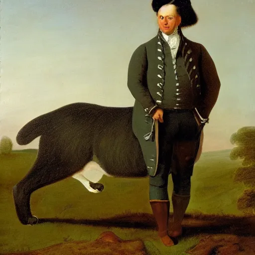 Image similar to oil painting by george stubbs of a giant cat standing in a meadow with a man wearing 1 8 th century clothing.