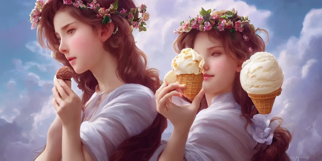 Image similar to a girl with an ice cream cone on hands with a white fluffy cloud in it, realistic 4 k octane cycles beautifully detailed render, 4 k, deep focus, intricate, elegant, highly detailed, photorealistic rendering, sharp focus, illustration, hearthstone, art by artgerm and alphonse mucha