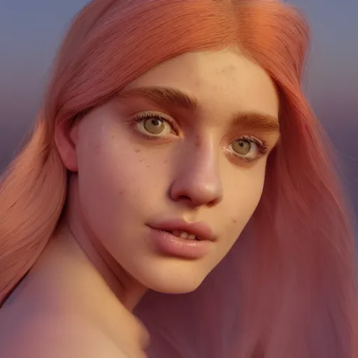 Prompt: Render of a beautiful 3d marbles with long pink hair, hazel eyes, cute freckles, full round face, golden hour, serene beach setting, medium shot, mid-shot, hyperdetailed, trending on Artstation, Unreal Engine 4k