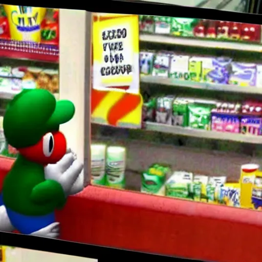 Prompt: cctv footage of yoshi robbing a convenience store