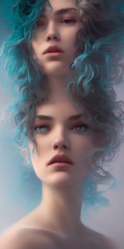 Image similar to haunting beautiful young woman, detailed photo realistic gorgeous face turning waves, dark, ominous, sad eyes, glowing hue of teal, vaporwave aesthetic, synthwave , digital painting, artstation, concept art, smooth, sharp focus, illustration, art by artgerm and greg rutkowski and alphonse mucha