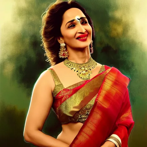 Prompt: beautiful portrait of madhuri dixit wearing assamese mekhela sleeveless silk saree, fantasy, intricate, elegant, highly detailed, digital painting, artstation, concept art, smooth, sharp focus, luxury fashion illustration, art by artgerm and greg rutkowski and alphonse mucha, brightly lit cinematic soft lighting, photorealistic, assam tea village background