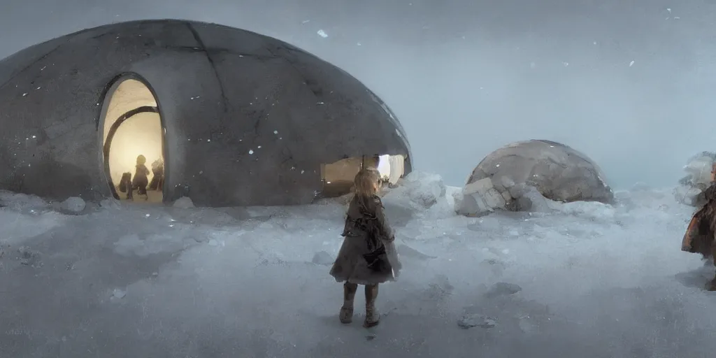 Prompt: young girl back to us in front of an round igloo in the tundra,, mysterious matte painting by ruan jia and craig mullins, trending on artstation