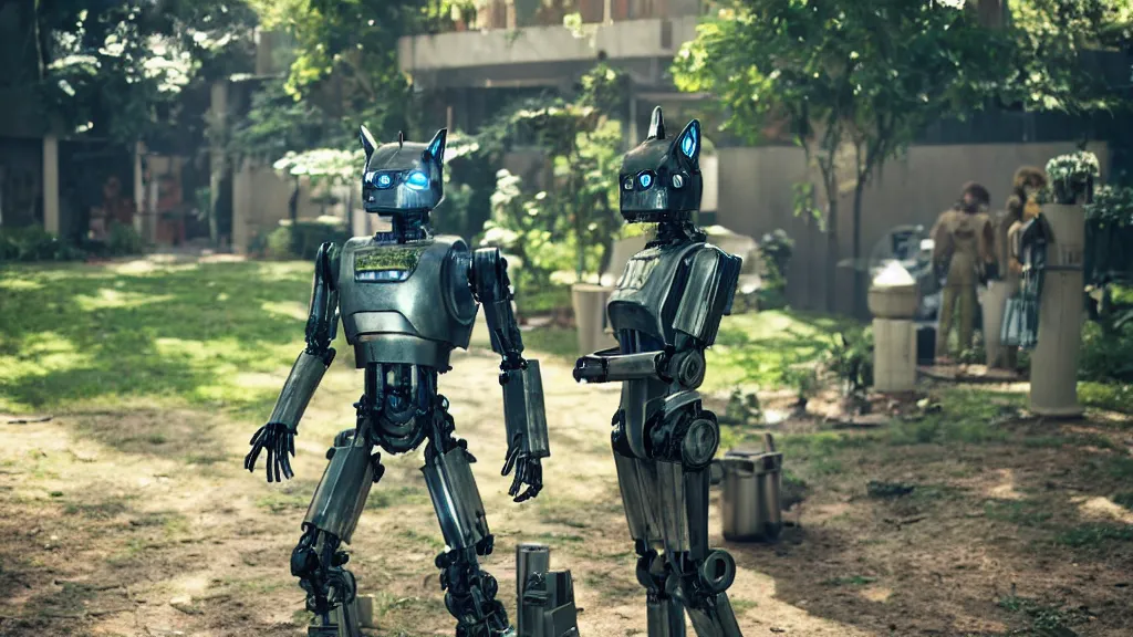 Image similar to film still from the movie chappie of the robot chappie shiny metal outdoor park plants garden scene bokeh depth of field furry anthro anthropomorphic stylized cat ears head android service droid robot machine fursona