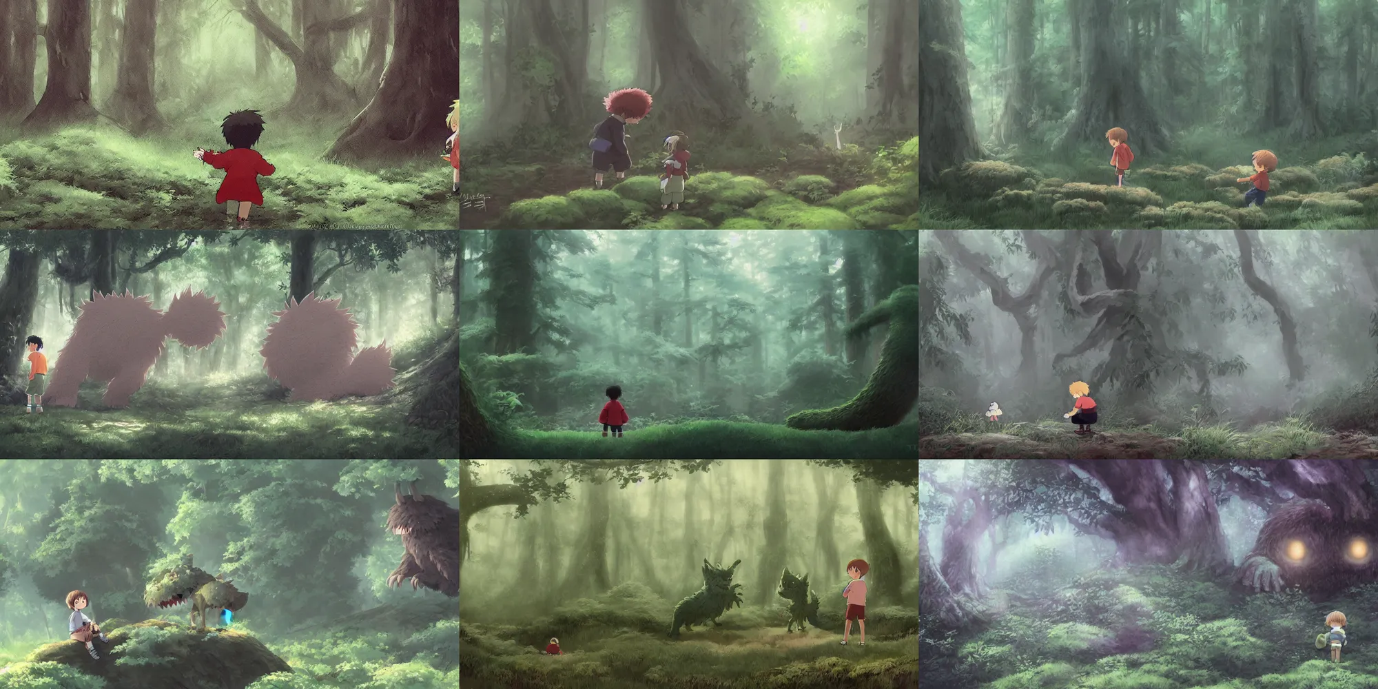 Image similar to a small boy discovers a giant cute fluffy monster in a misty forest, painting by studio ghibli, cgsociety