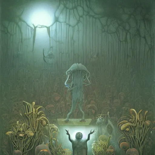 Prompt: a hyperrealistic painting of an alien god preaching to a congregation of small furry creatures in the middle of an alien jungle, bioluminescent plants, by john kenn mortensen and zdzislaw beksinski, highly detailed, vivid color,