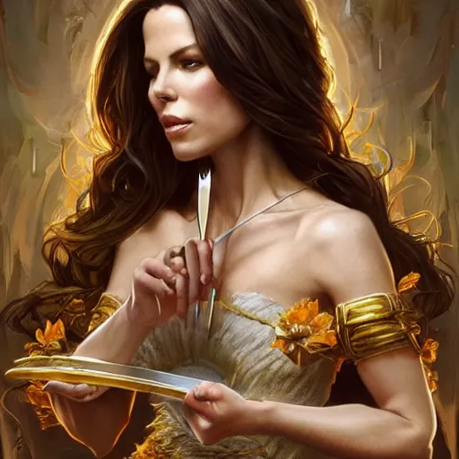 Prompt: Kate Beckinsale eating fork covered in honey, D&D, fantasy, intricate, elegant, highly detailed, digital painting, artstation, concept art, matte, sharp focus, illustration, hearthstone, art by Artgerm and Greg Rutkowski and Alphonse Mucha