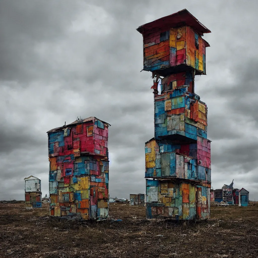 Prompt: a tower made up of colourful makeshift squatter shacks, bleached colours, moody cloudy sky, dystopia, mamiya, very detailed, photographed by cristina de middel