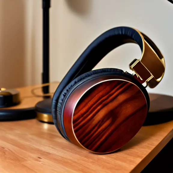 Prompt: beautiful stunning meze classics headphones on a mahogany desk next to a vacuum amp, modernist headphones, wood headphones, gold metals, audiophile, intricate high detail, extreme quality, photographic, meze audio, sennheiser, hifi