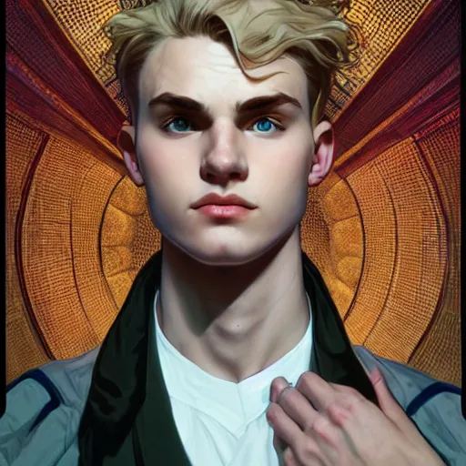 Prompt: character concept, wide angle, full body, symmetrical head - on centralized, young man with advanced clothes. detailed, high quality, dynamic lightning, fantasy, scenematic. artwork by artgerm, wlop, alex ross, greg rutknowski, alphonse mucha