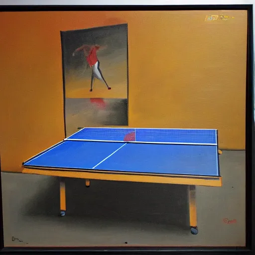 Image similar to Dos gats jugant al ping pong sobre un fons taronja, oil painting