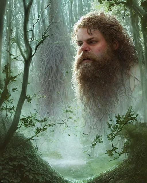 Image similar to patrick rothfuss as a forest druid with leaves in his beard, dreamy and ethereal, fantasy, intricate, elegant, highly detailed, digital painting, artstation, concept art, smooth, sharp focus, illustration, art by artgerm and greg rutkowski and donato giancola