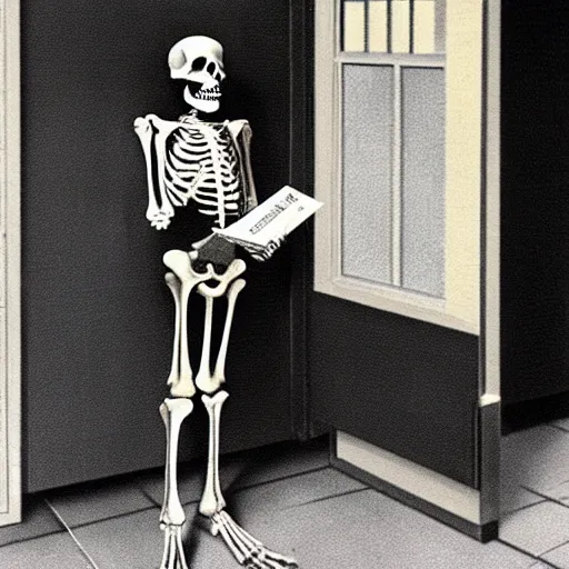 Prompt: skeleton delivering mail by Greg Hildebrandt. 1950s suburbia