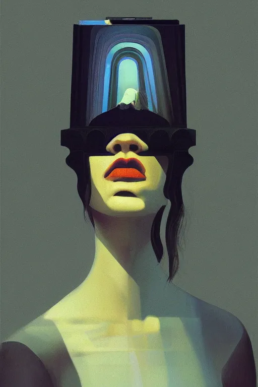 Image similar to woman wearing Oculus and digital glitch head Edward Hopper and James Gilleard, Zdzislaw Beksisnski, higly detailed