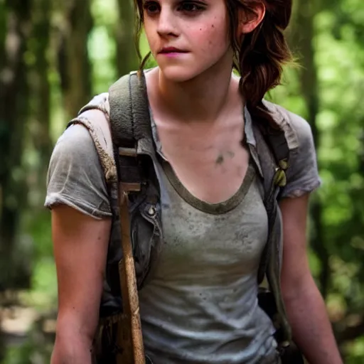 Prompt: photo photo photo photo of Emma Watson cosplaying as ellie from tlou, full shot, highly detailed skin