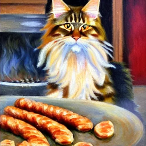 Image similar to beautiful impressionist painting of an ginger maine coon with a white beard cooking some sausages on a pan