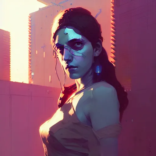 Prompt: portrait of cyberpunk greek goddess by atey ghailan, by greg rutkowski, by simon stalenhag, by greg tocchini, by james gilleard, by joe fenton, by kaethe butcher dynamic lighting, gradient light blue, brown, blonde cream and white color scheme, grunge aesthetic