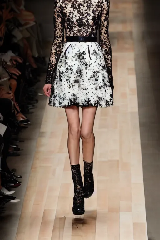 Image similar to valentino 2 0 1 3 spring floral, lace, block patterned, cybernetic avant garde fashion, sheer dress, short skirt, natural outdoors