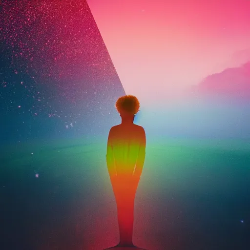 Image similar to A picture of a planet of various colors and plants, in which the human figure is dressed in something magical and impressive, inside the picture is infinity, sunset light, Atmospheric phenomenon, artistic photography, muted colors, conceptual