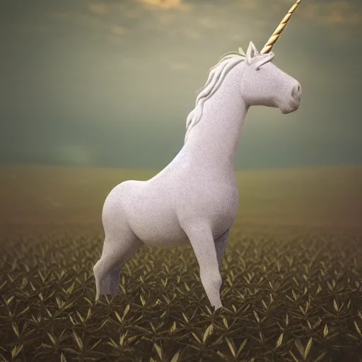 Image similar to a unicorn with wings standing in a field of marijuana eating the leaves, photography, 8 k, highly detailed, ultra realistic, path traced