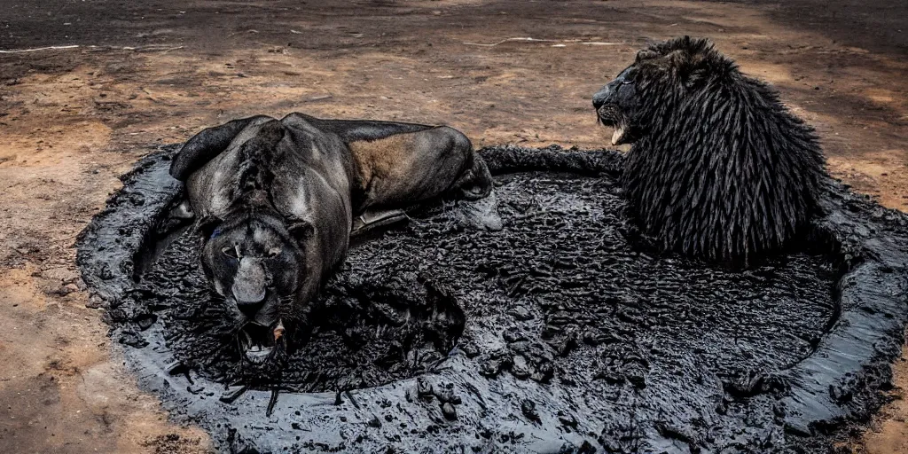 Image similar to a black ferrofluid lioness made of ferrofluid bathing inside the tar pit, full of tar, covered with ferrofluid. dslr, photography, realism, animal photography, color, savanna, wildlife photography