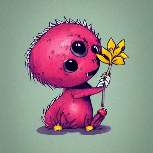 Image similar to small cute monster holding flower, concept art, detailed