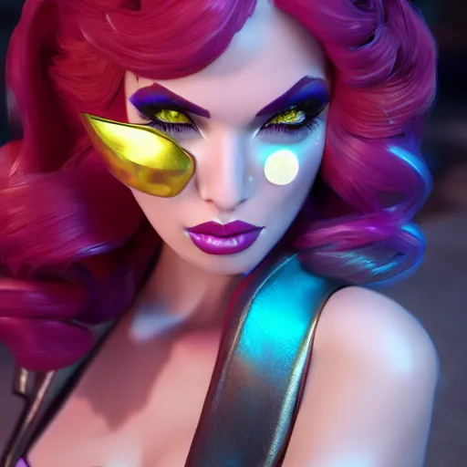 Image similar to still of pretty KDA More Miss Fortune (wild rift) close up in KDA More music video. 3d render, octane render, game art, realistic, highly detailed, trending on artstation, 4k, trending on artstation, pixar, cgsociety, unreal engine 5, redshift render, trending on artstation, blender, behance, cg