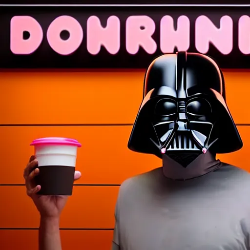 Image similar to darth vador working at dunkin donuts , 8k cinematic lighting, very sharp detail, anatomically correct