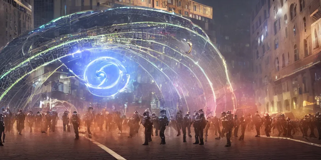 Prompt: policemen protecting a huge spiral - shaped bright luminous attractor right in the center of the city from protesting people,, rain and light fog, professional lighting, concept art in 3 d, high detail, professional lighting