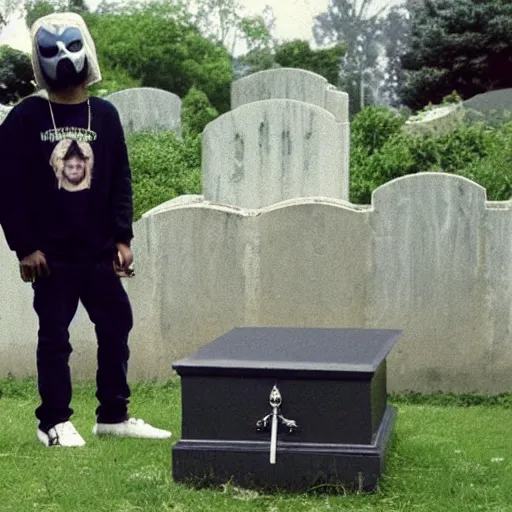 Prompt: MF DOOM standing in a graveyard with a dug up coffin