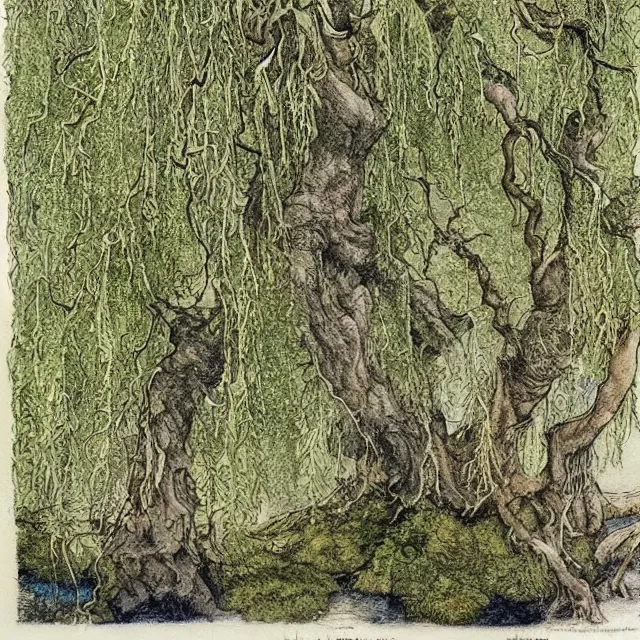 Image similar to a detailed, intricate watercolor and ink illustration with fine lines, of a mossy willow tree by a river, by arthur rackham and edmund dulac and ted nutall