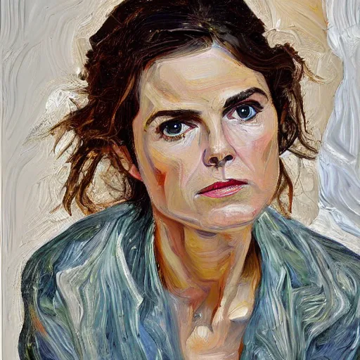 Prompt: of keri russell painted in the style of lucien freud later period with thick impasto oil paint