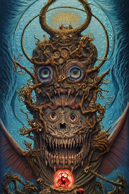 Image similar to A beautiful detailed grotesque monster super cute tarot card, by tomasz alen kopera and Justin Gerard, symmetrical features, ominous, magical realism, texture, intricate, ornate, royally decorated, mechanic, skeleton, whirling smoke, embers, red adornements, blue torn fabric, radiant colors, fantasy, trending on artstation, volumetric lighting, micro details, 3d sculpture, ray tracing, 8k, anaglyph effect, digital art