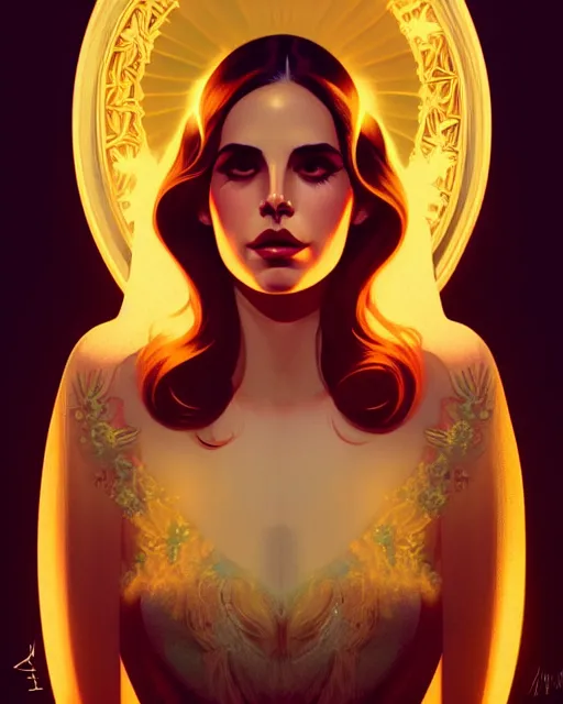 Image similar to symmetry portrait of lana del rey, glam, deco, glowing lights intricate, elegant, highly detailed, digital painting, artstation, concept art, smooth, sharp focus, illustration, art by artgerm and greg rutkowski and fra angelico and alphonse mucha