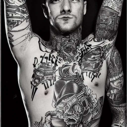 Image similar to harry Quinn with tattoos, noir, black and white, highly detailed