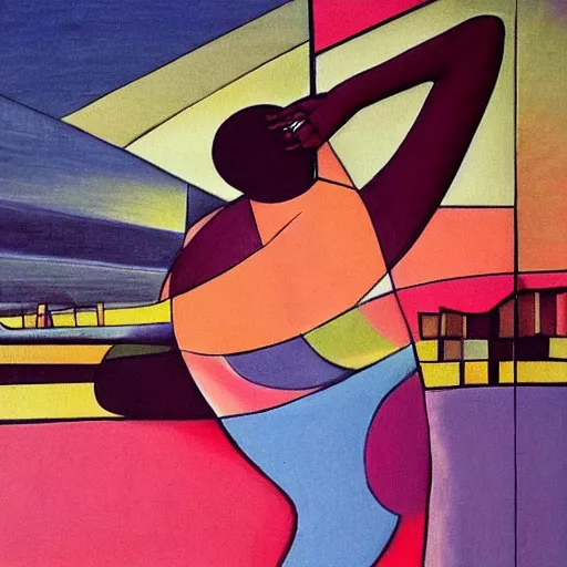 Prompt: beautiful sunset, fat woman dancing, cubism, muted colors, texture