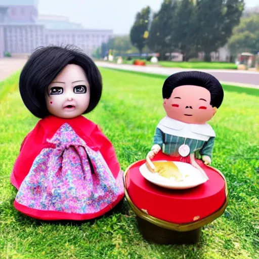 Image similar to screaming kim jong un doll having a picnic with jimin doll