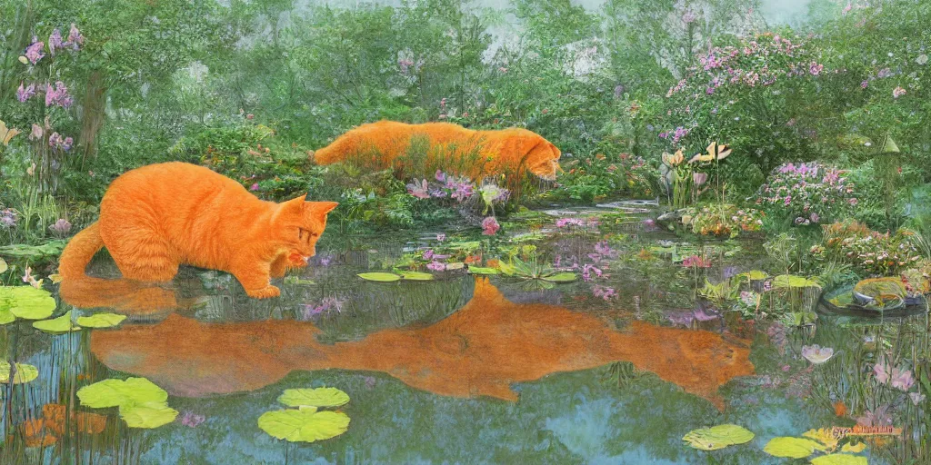 Image similar to a big fat orange cat near a mirror like pond, by alan lee, colorful clothing, springtime flowers and foliage in full bloom, lotus flowers on the water, dark foggy forest background, sunlight filtering through the trees, digital art, art station.