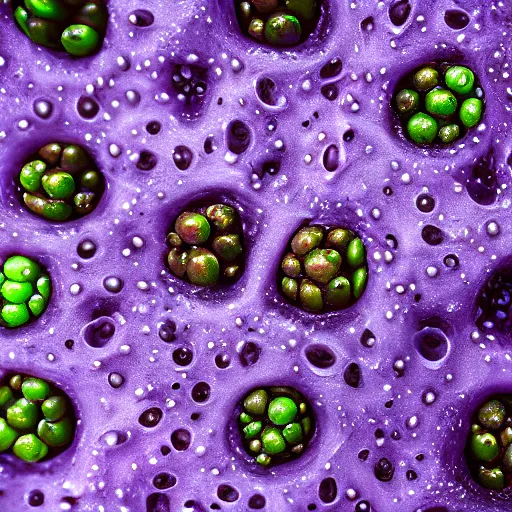 Image similar to closeup shot of alien jungle fruit covered in dew drops, looming milky purple mist in the background, tilt shift, low angle