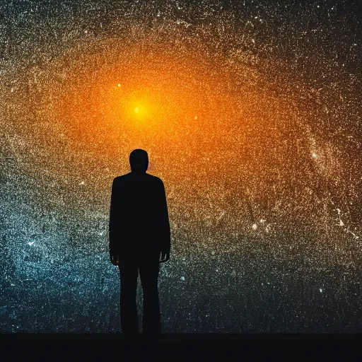 Image similar to 4K ultra HD detailed award-winning wallpaper silhouette of lonely man standing looking at Earth from far away huge vast sky universe