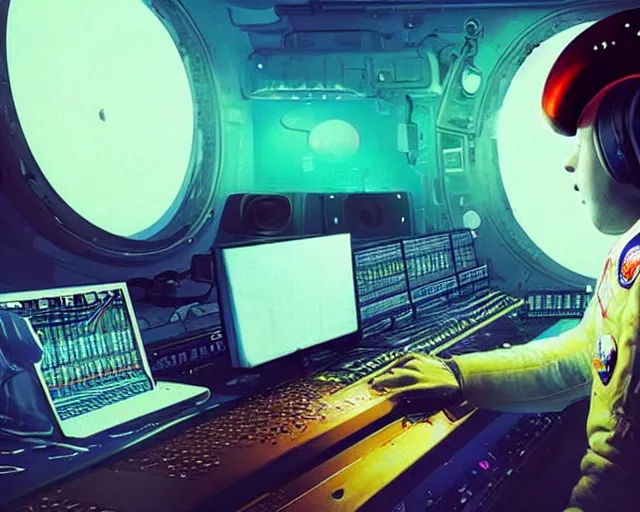 Prompt: an astronaut in a recording studio, looking at a glowing computer screen, using synthesizer, [ zero - gravity ]!!, [ everything is floating ]!!!, illustrated by greg rutkowski, [ digital art, synthwave art style ]!!, golden ratio!!, centered!!