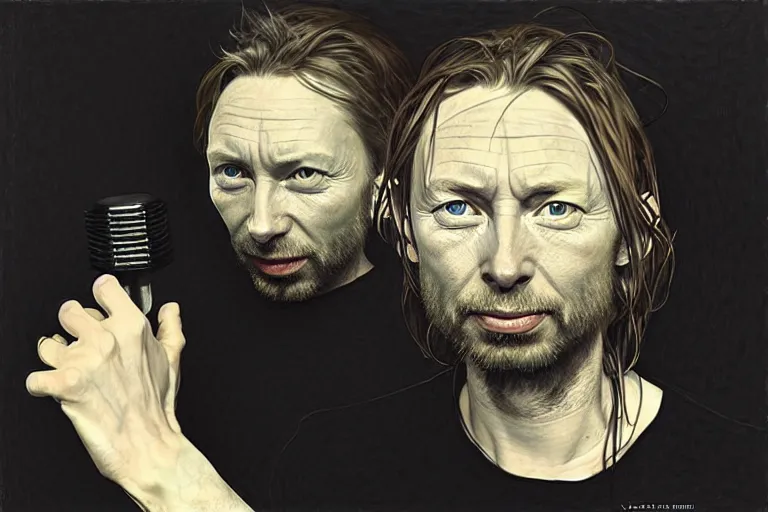 Image similar to hyper realistic portrait of wide faced thom yorke, bigger cheekbones, bigger forehead, bigger chin, smile, on a stage, by lee bermejo, alphonse mucha and greg rutkowski