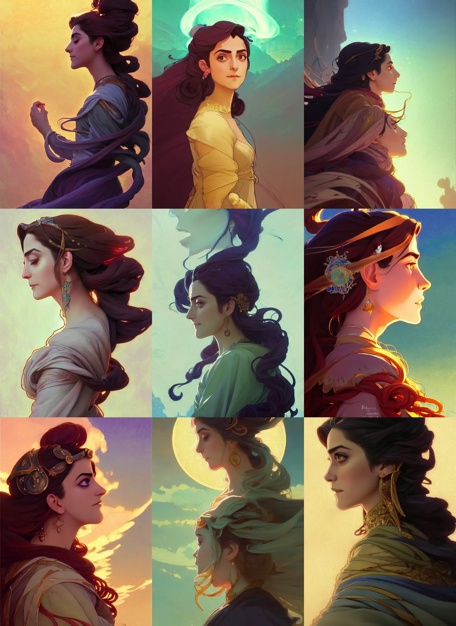 Prompt: side profile centered painted portrait, Maya Ali as a wind mage, D&D, cell-shaded, matte painting concept art, radiant backlighting, official fanart, 4k, HDR, Art Nouveau, Trending on artstation, Behance, Pinterest, by Mucha and Jesper Ejsing and RHADS and Makoto Shinkai and Lois van baarle and ilya kuvshinov and rossdraws and Cushart Krentz and Gilleard James