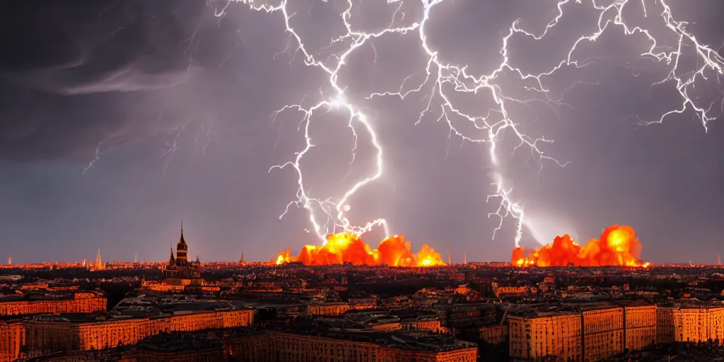 Prompt: a photo of a massive nuclear strike on Moscow Kremlin, nuclear mushroom, lots of fire, panic, dark, clouds, lightning, epic lighting, high detailed, 4k post-processing highly detailed, Soft illumination